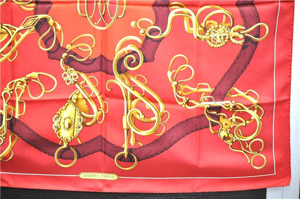 Authentic HERMES Carre 90 Scarf Crest Emblem Motif Silk Red 9419D