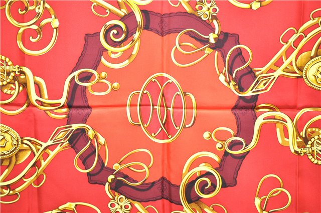 Authentic HERMES Carre 90 Scarf Crest Emblem Motif Silk Red 9419D