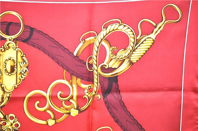 Authentic HERMES Carre 90 Scarf Crest Emblem Motif Silk Red 9419D
