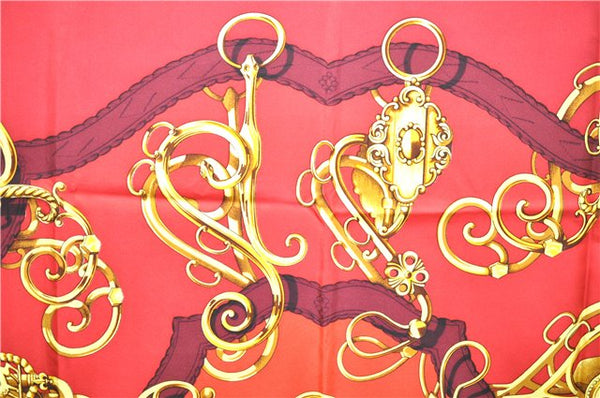 Authentic HERMES Carre 90 Scarf Crest Emblem Motif Silk Red 9419D