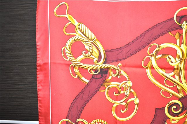 Authentic HERMES Carre 90 Scarf Crest Emblem Motif Silk Red 9419D