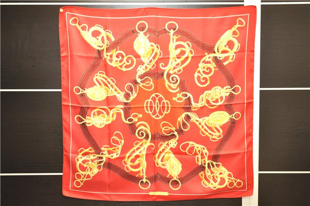 Authentic HERMES Carre 90 Scarf Crest Emblem Motif Silk Red 9419D