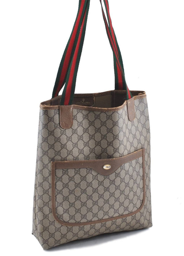 Authentic GUCCI Web Sherry Line Shoulder Tote Bag PVC Leather Brown 9420C