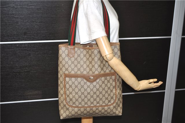 Authentic GUCCI Web Sherry Line Shoulder Tote Bag PVC Leather Brown 9420C