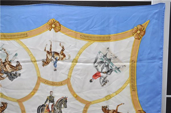 Auth HERMES Carre 90 Scarf "ECOLE FRANCAISE D'EQUITATION" Silk Light Blue 9421D