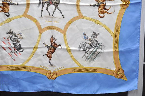 Auth HERMES Carre 90 Scarf "ECOLE FRANCAISE D'EQUITATION" Silk Light Blue 9421D