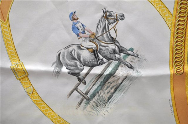 Auth HERMES Carre 90 Scarf "ECOLE FRANCAISE D'EQUITATION" Silk Light Blue 9421D