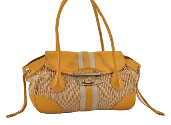 Authentic PRADA Raffia Leather Hand Shoulder Bag Beige Yellow 9444F