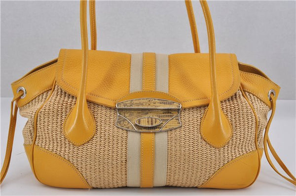 Authentic PRADA Raffia Leather Hand Shoulder Bag Beige Yellow 9444F