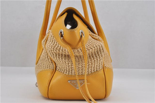Authentic PRADA Raffia Leather Hand Shoulder Bag Beige Yellow 9444F