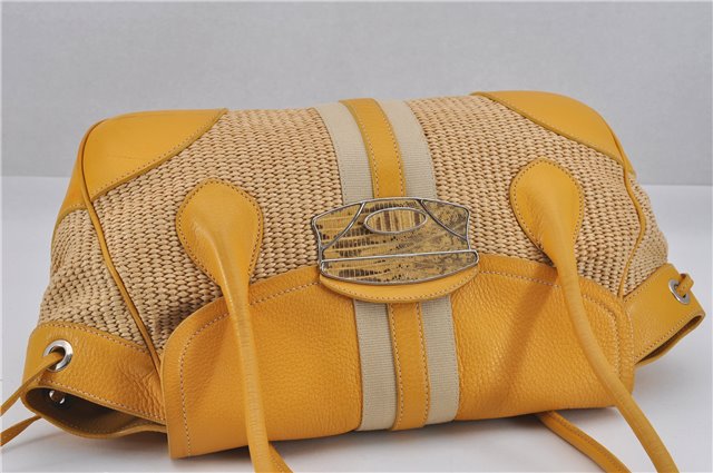 Authentic PRADA Raffia Leather Hand Shoulder Bag Beige Yellow 9444F