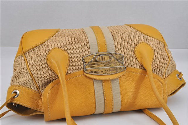 Authentic PRADA Raffia Leather Hand Shoulder Bag Beige Yellow 9444F