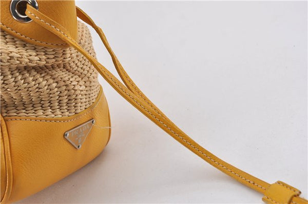 Authentic PRADA Raffia Leather Hand Shoulder Bag Beige Yellow 9444F