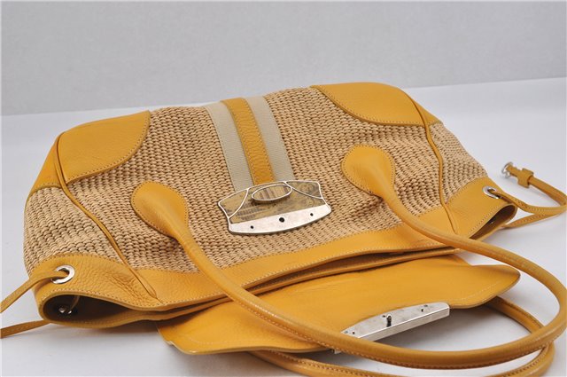 Authentic PRADA Raffia Leather Hand Shoulder Bag Beige Yellow 9444F