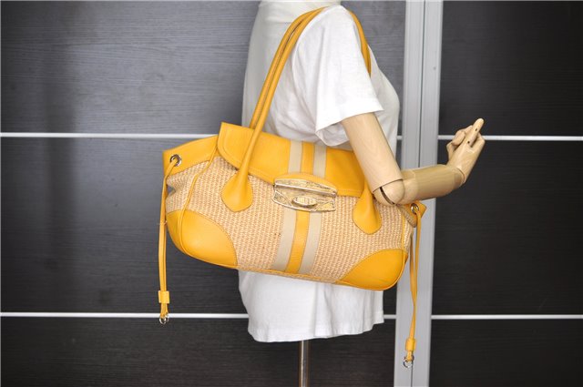 Authentic PRADA Raffia Leather Hand Shoulder Bag Beige Yellow 9444F