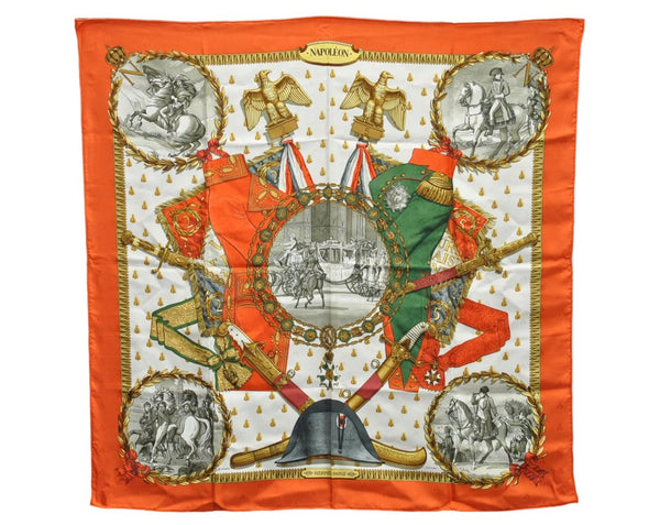 Authentic HERMES Carre 90 Scarf "NAPOLEON" Silk Orange 9507D