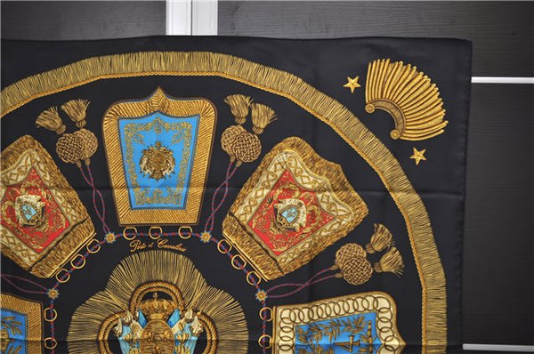 Authentic HERMES Carre 90 Scarf "Poste et Cavalerie" Silk Black 9509D