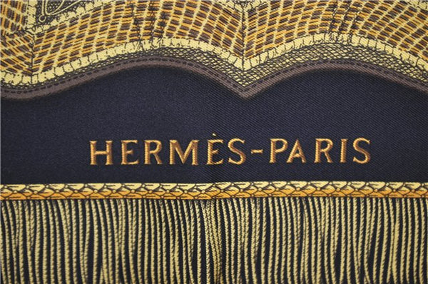 Authentic HERMES Carre 90 Scarf "Poste et Cavalerie" Silk Black 9509D