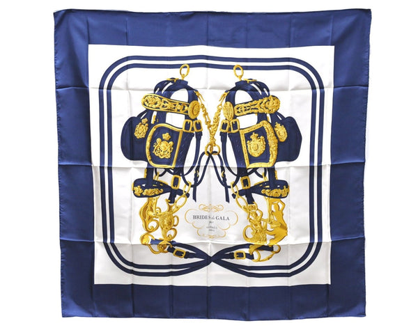 Authentic HERMES Carre 90 Scarf "BRIDES de GALA par" Silk Navy Paper Bag 9514D