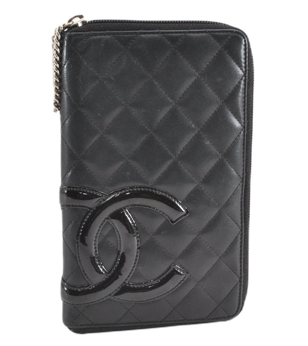 Authentic CHANEL Calf Skin Cambon Line CC Logo Bifold Long Wallet Black 9514F