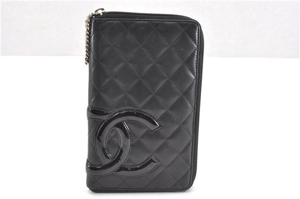 Authentic CHANEL Calf Skin Cambon Line CC Logo Bifold Long Wallet Black 9514F