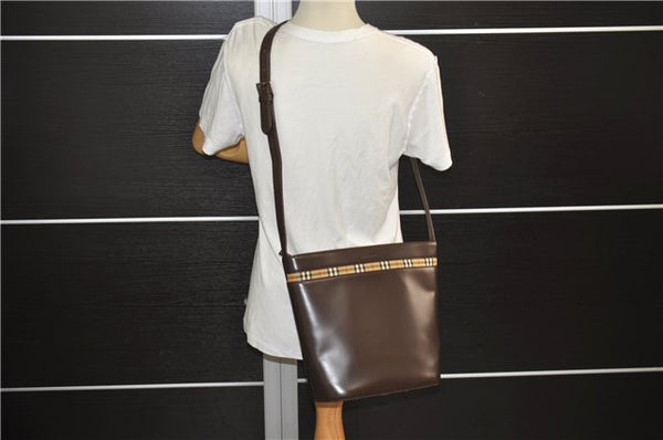 Authentic BURBERRY Leather Nova Check Canvas Shoulder Cross Body Bag Brown 9520E