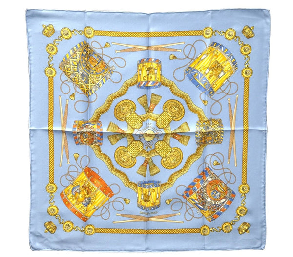 Auth HERMES Petit Carre 40 Scarf Handkerchief "LES TAMBOURS" Silk Blue 9521C