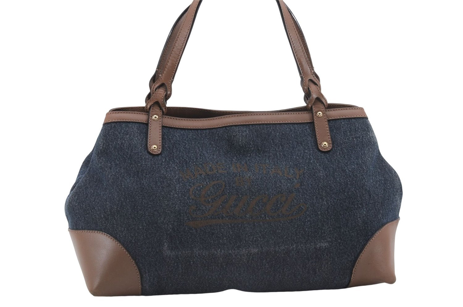 Authentic GUCCI Craft Shoulder Tote Bag Denim Leather 348715 Blue Brown 9522D
