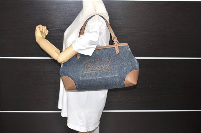 Authentic GUCCI Craft Shoulder Tote Bag Denim Leather 348715 Blue Brown 9522D