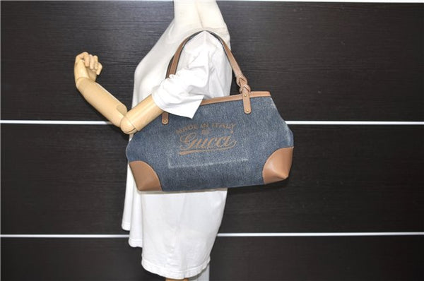 Authentic GUCCI Craft Shoulder Tote Bag Denim Leather 348715 Blue Brown 9522D