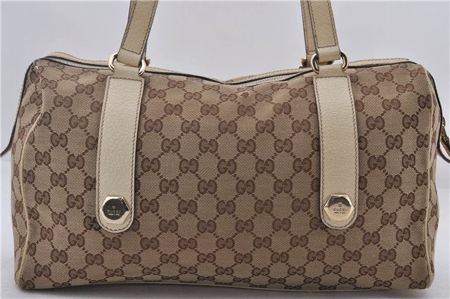 Authentic GUCCI Hand Boston Bag GG Canvas Leather 154180 Brown White 9529D