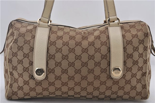 Authentic GUCCI Hand Boston Bag GG Canvas Leather 154180 Brown White 9529D