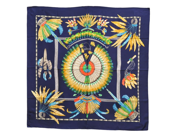 Authentic HERMES Carre 90 Scarf "BRAZIL" Silk Navy 9534D