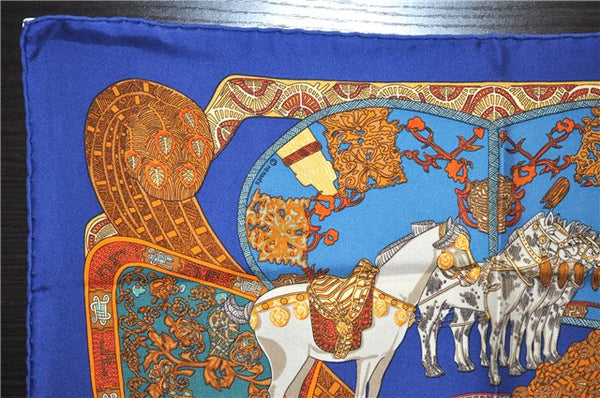 Auth HERMES Petit Carre 40 Scarf Handkerchief "ART des STEPPES" Silk Blue 9550D