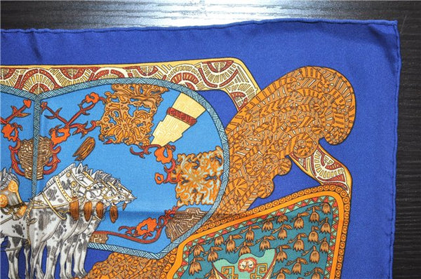 Auth HERMES Petit Carre 40 Scarf Handkerchief "ART des STEPPES" Silk Blue 9550D