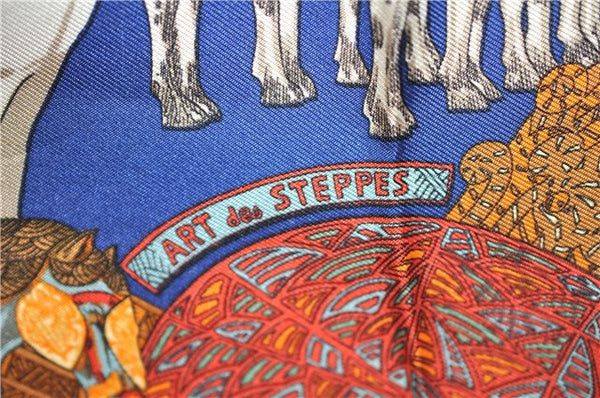 Auth HERMES Petit Carre 40 Scarf Handkerchief "ART des STEPPES" Silk Blue 9550D