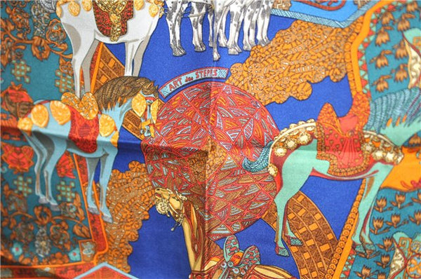Auth HERMES Petit Carre 40 Scarf Handkerchief "ART des STEPPES" Silk Blue 9550D