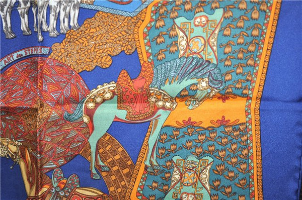 Auth HERMES Petit Carre 40 Scarf Handkerchief "ART des STEPPES" Silk Blue 9550D