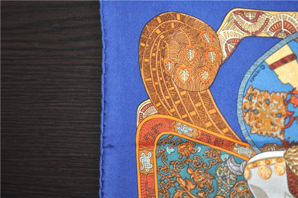 Auth HERMES Petit Carre 40 Scarf Handkerchief "ART des STEPPES" Silk Blue 9550D