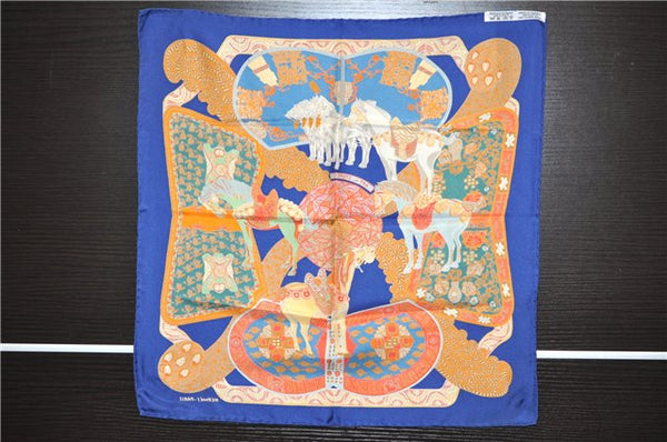 Auth HERMES Petit Carre 40 Scarf Handkerchief "ART des STEPPES" Silk Blue 9550D