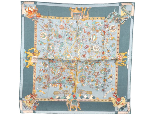 HERMES Petit Carre 40 Scarf Handkerchief "Fantaisies indiennes" Silk Green 9551D