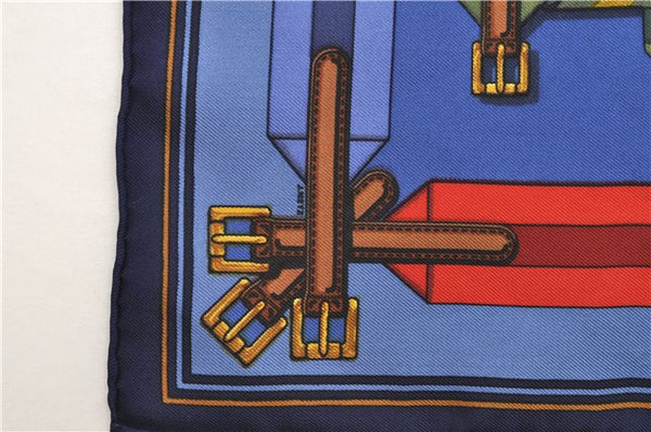 Authentic HERMES Petit Carre 40 Scarf Handkerchief "Les Sangles" Silk Blue 9557D