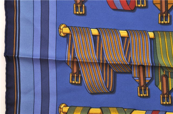 Authentic HERMES Petit Carre 40 Scarf Handkerchief "Les Sangles" Silk Blue 9557D