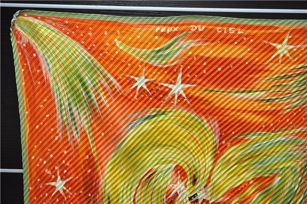 Authentic HERMES Pleats Scarf "FEUX DU CIEL" Light Green Orange Box 9561D