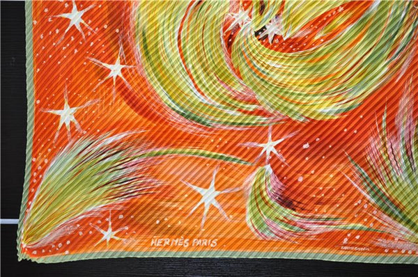 Authentic HERMES Pleats Scarf "FEUX DU CIEL" Light Green Orange Box 9561D