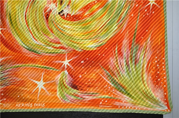 Authentic HERMES Pleats Scarf "FEUX DU CIEL" Light Green Orange Box 9561D