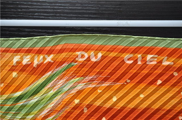 Authentic HERMES Pleats Scarf "FEUX DU CIEL" Light Green Orange Box 9561D