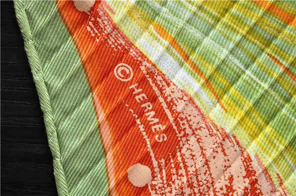 Authentic HERMES Pleats Scarf "FEUX DU CIEL" Light Green Orange Box 9561D