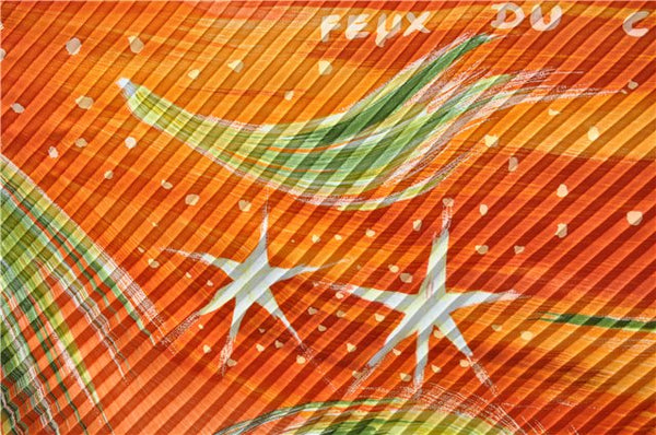 Authentic HERMES Pleats Scarf "FEUX DU CIEL" Light Green Orange Box 9561D