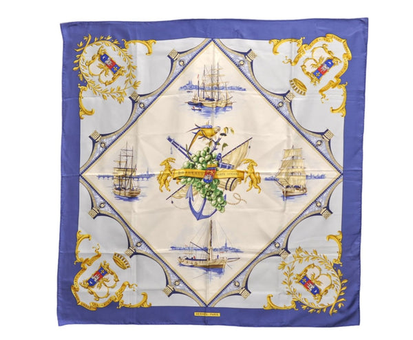 Authentic HERMES Carre 90 Scarf "Bordeaux Porte Oc?ane" Silk Blue 9565D